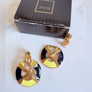 Avon Vintage 1995 Convertible Nautical Door Knocker Clip Earrings Gold Navy NIB